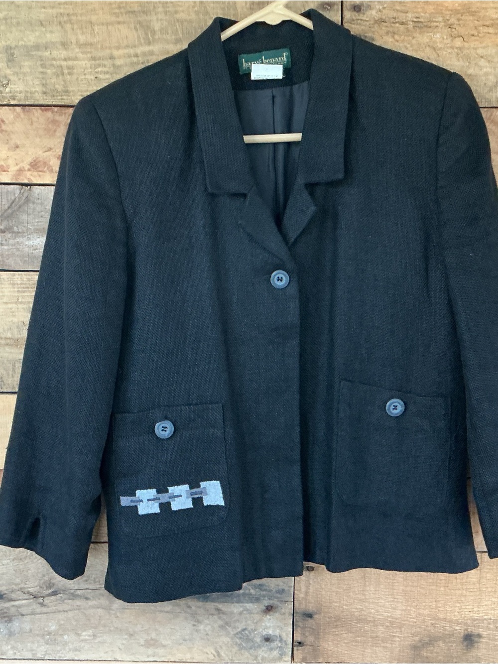 VTG Harve Bernard women’s Size 8 3/4 Sleeve Black 100% Linen Blazer Lined Pocket